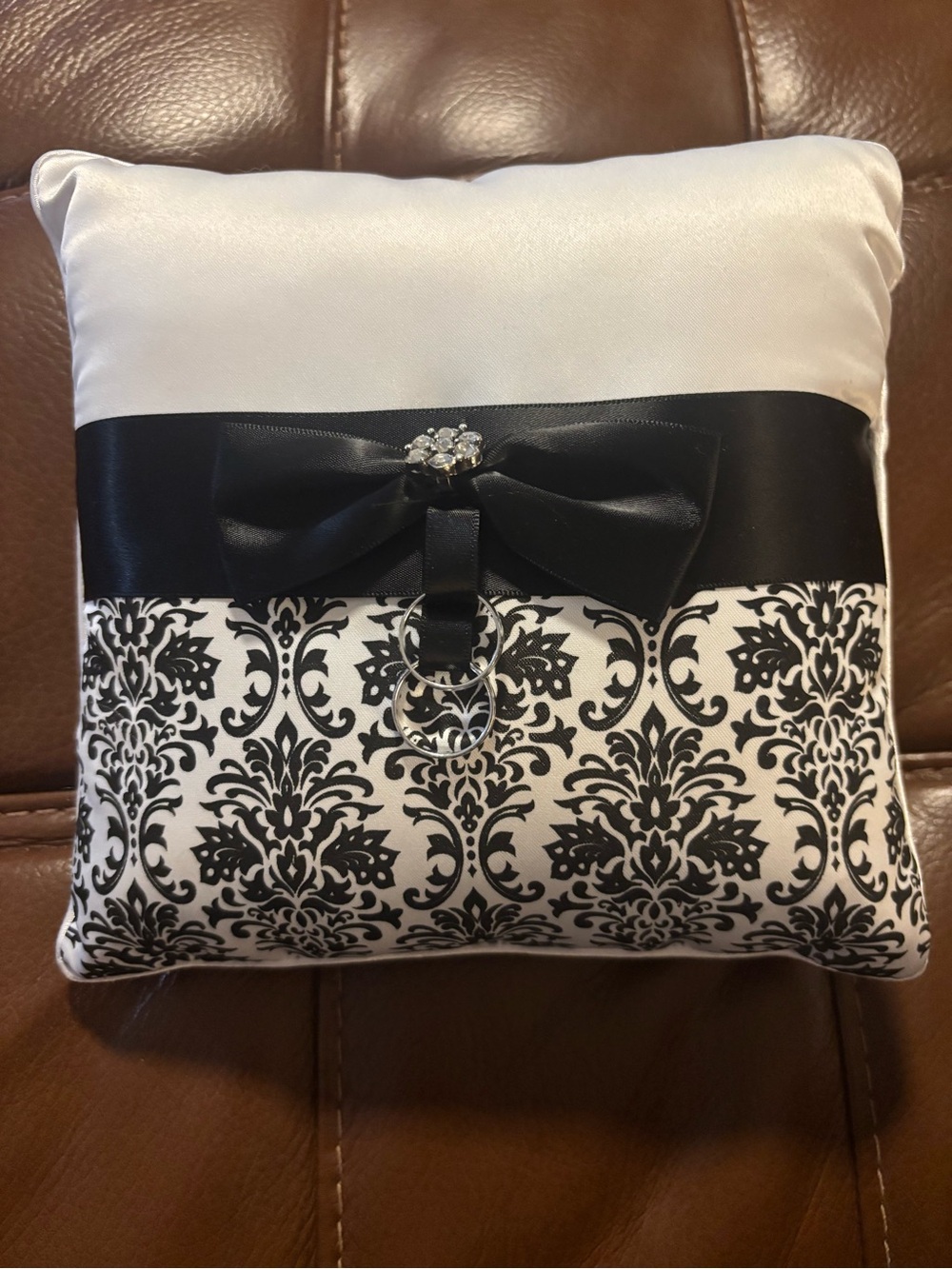 Elegant Black and White Damask Ring Bearer Pillow with Ribbon Bow